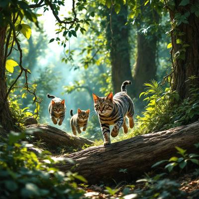 The primary subject of the image is a group of three cats running through a forest. The setting is a lush green forest with trees and plants surrounding the cats. The visual style is a digital art or illustration, creating a vibrant and dynamic scene. The colors and mood are predominantly green, with a sense of movement and energy as the cats run through the forest.